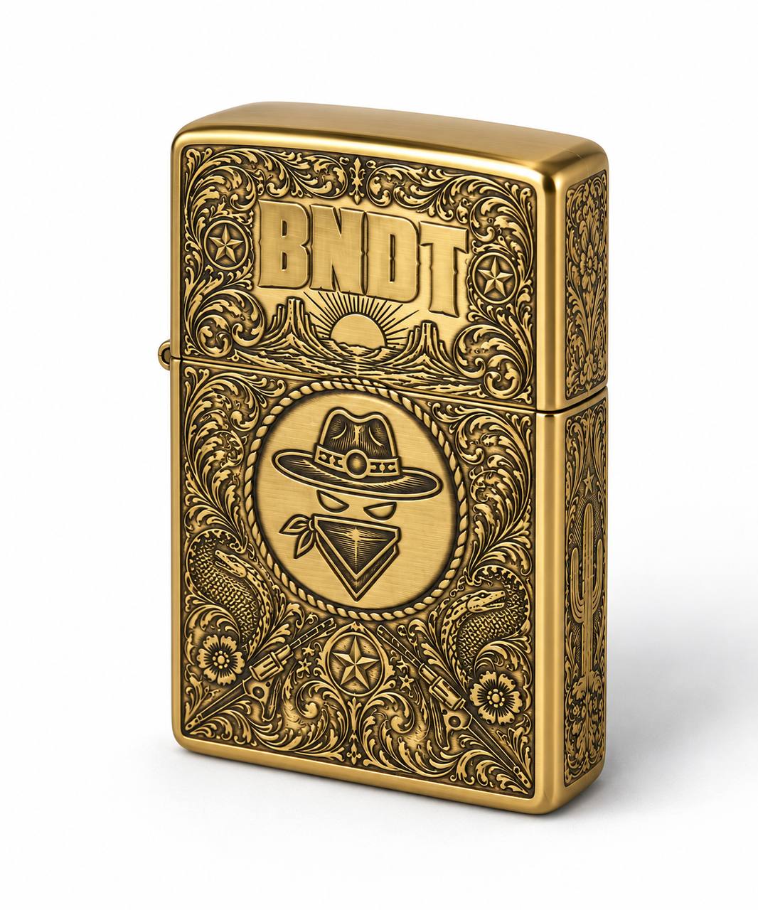 BNDT Brass Lighter, front: engraved outlaw emblem and BNDT logo