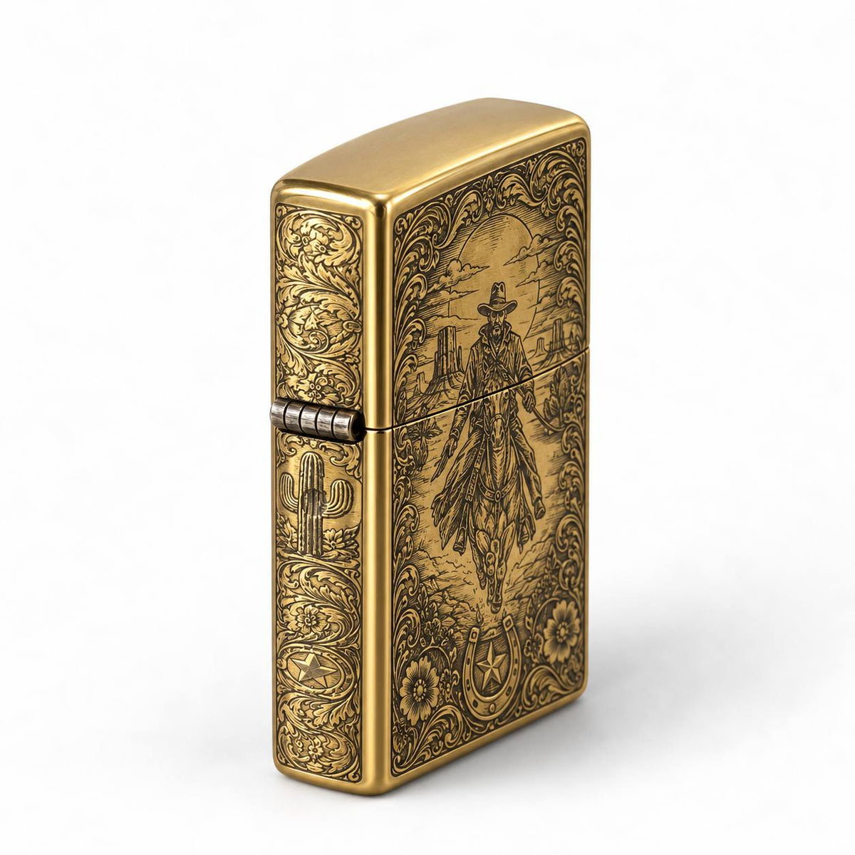 BNDT Brass Lighter, side: engraved cactus panel and hinge