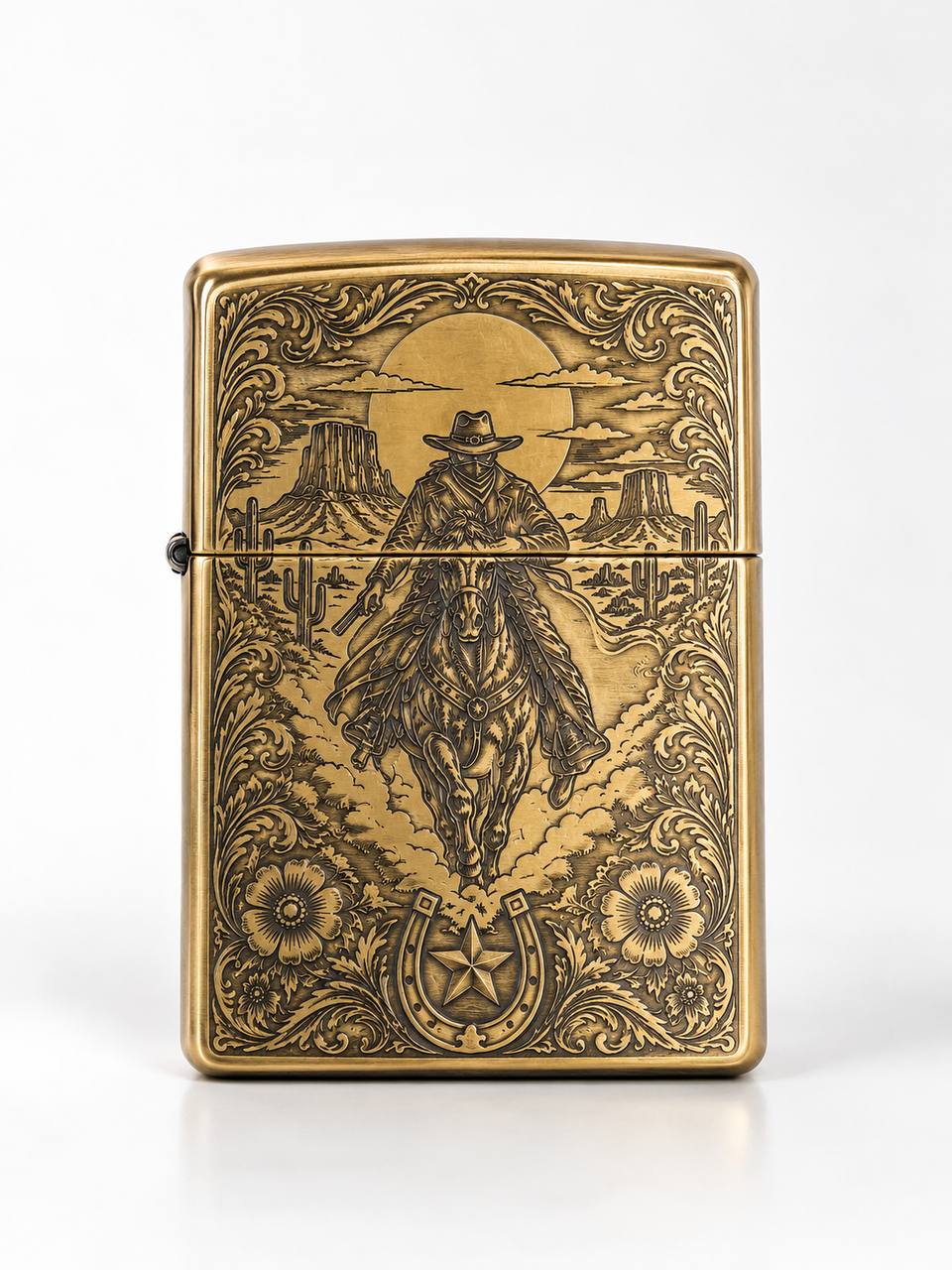 BNDT Brass Lighter, back: engraved rider in the desert