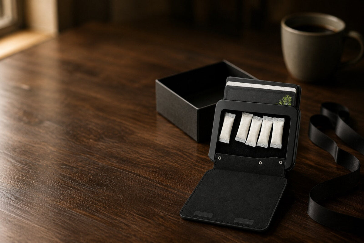 The Maverick Smuggler wallet open on a dark walnut table beside an opened gift box