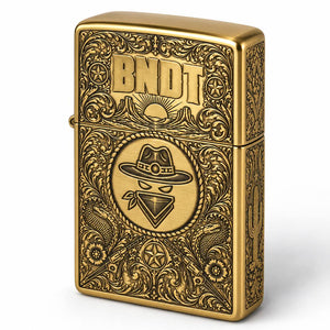 BNDT Brass Lighter, front: engraved outlaw emblem and BNDT logo