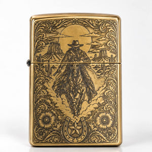 BNDT Brass Lighter, back: engraved rider in the desert
