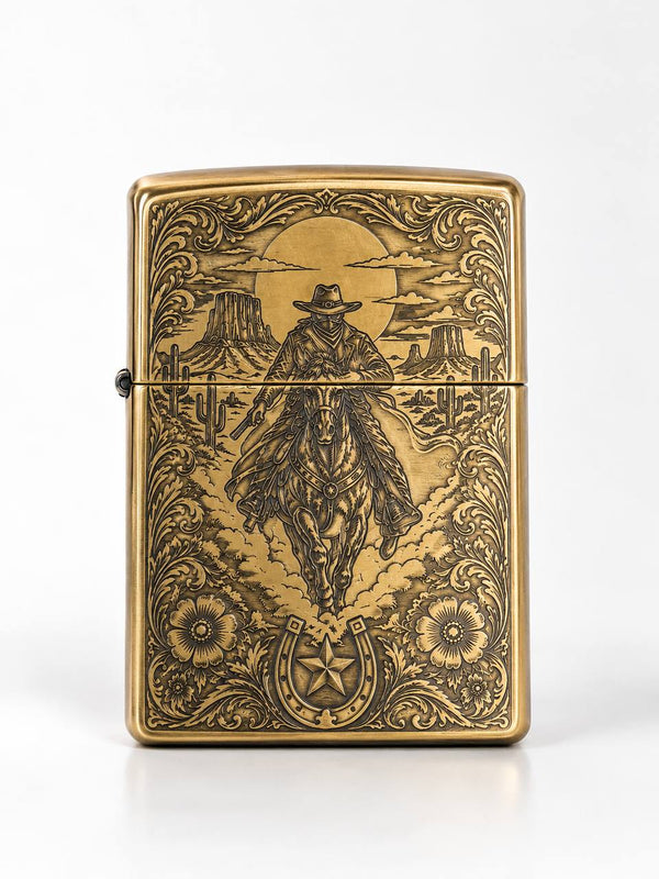 BNDT Brass Lighter back, engraved rider in the desert