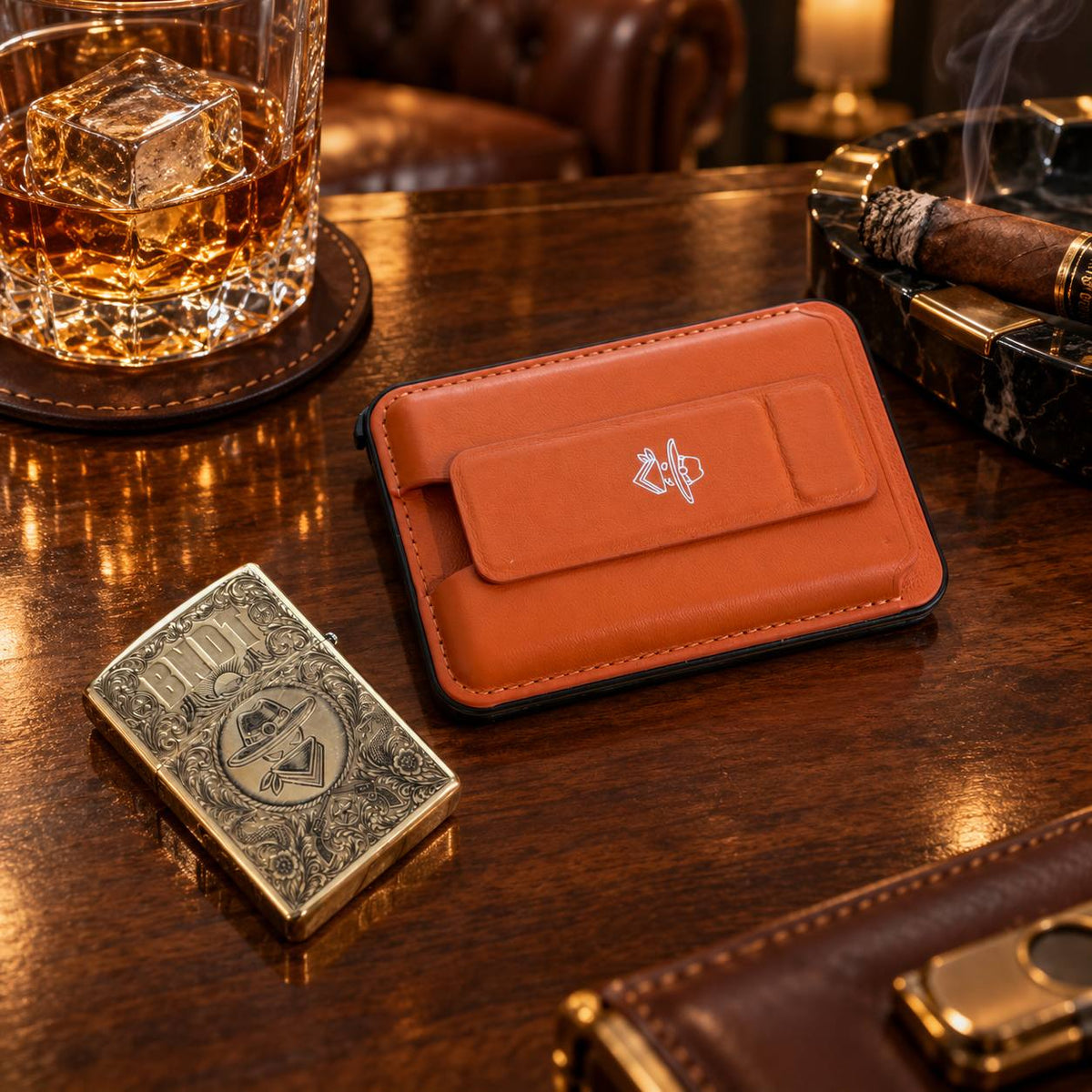 BNDT Brass Lighter with a Lamb O'range Maverick, whiskey and cigar