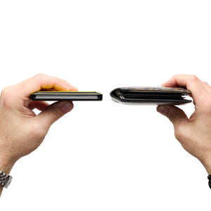 A maverick minimalist wallet compared to a standard bulky wallet