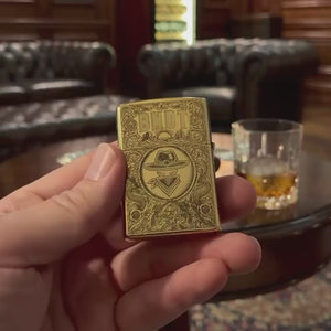 BNDT Brass Lighter: front, back, flip open and light