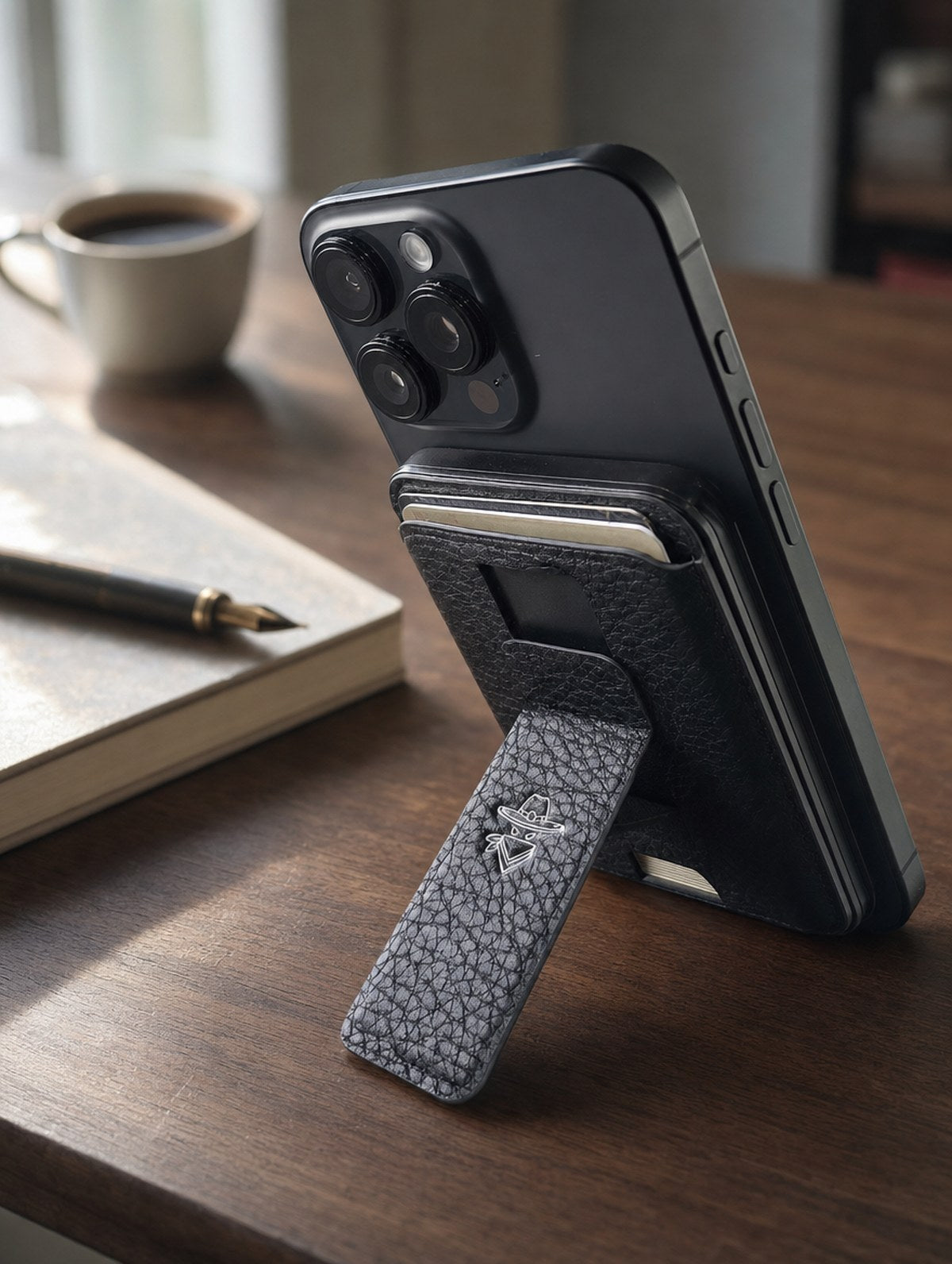 Maverick 2.0 kickstand holding a phone on a desk